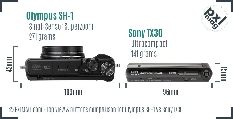 Olympus SH-1 vs Sony TX30 top view buttons comparison