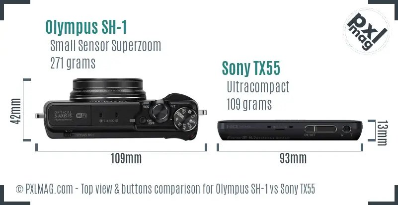 Olympus SH-1 vs Sony TX55 top view buttons comparison