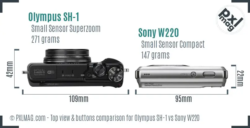 Olympus SH-1 vs Sony W220 top view buttons comparison Olympus SH-1 vs Sony W220 top view buttons comparison