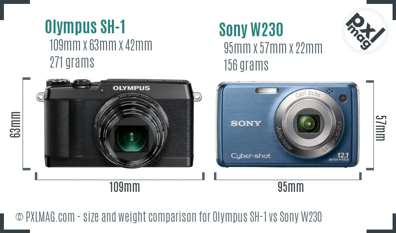 Olympus SH-1 vs Sony W230 size comparison