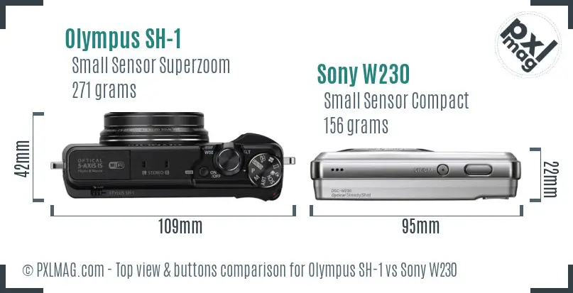 Olympus SH-1 vs Sony W230 top view buttons comparison