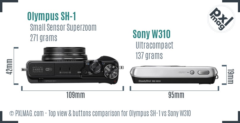 Olympus SH-1 vs Sony W310 top view buttons comparison