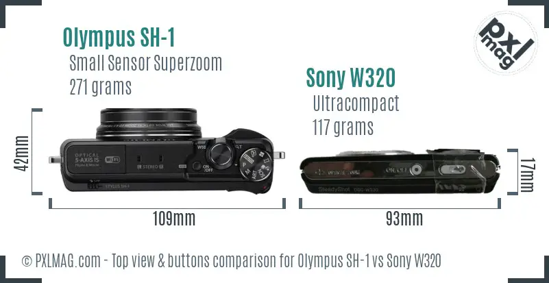 Olympus SH-1 vs Sony W320 top view buttons comparison
