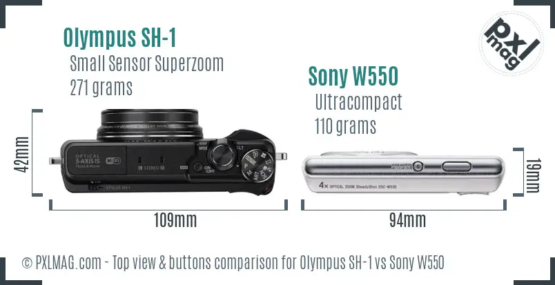 Olympus SH-1 vs Sony W550 top view buttons comparison