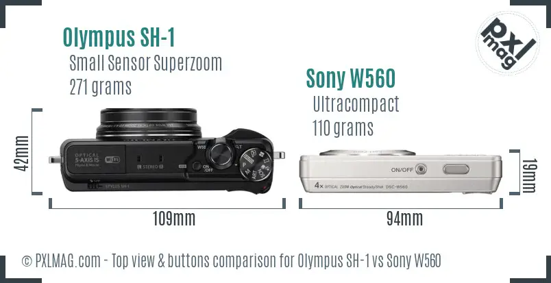 Olympus SH-1 vs Sony W560 top view buttons comparison Olympus SH-1 vs Sony W560 top view buttons comparison
