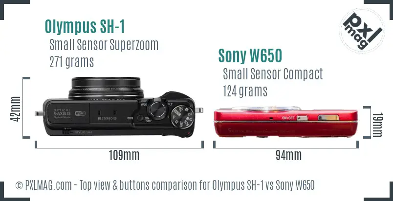 Olympus SH-1 vs Sony W650 top view buttons comparison