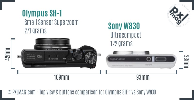 Olympus SH-1 vs Sony W830 top view buttons comparison