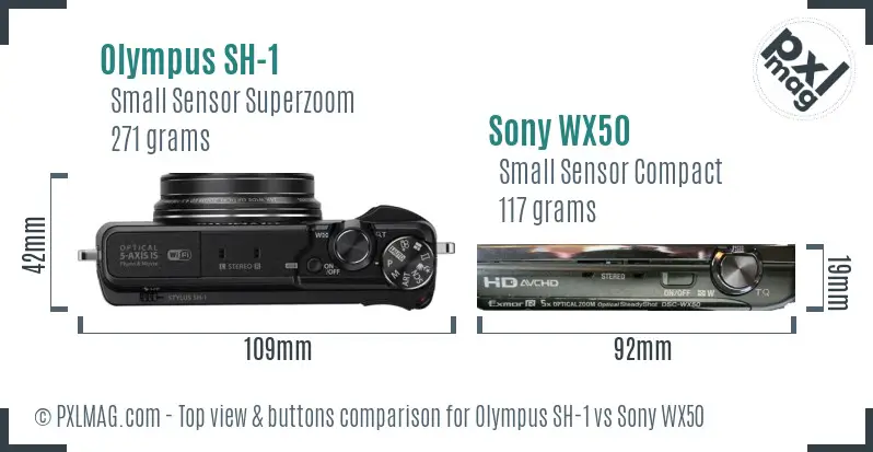 Olympus SH-1 vs Sony WX50 top view buttons comparison