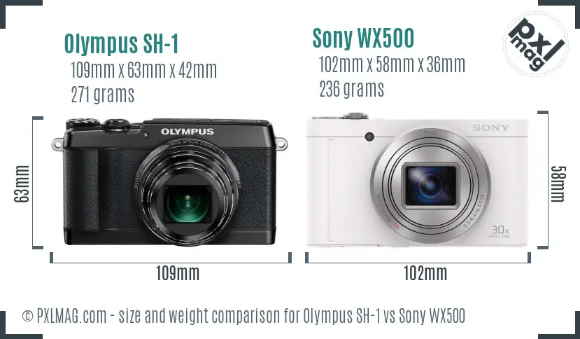 Olympus SH-1 vs Sony WX500 size comparison Olympus SH-1 vs Sony WX500 size comparison
