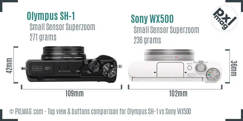 Olympus SH-1 vs Sony WX500 top view buttons comparison Olympus SH-1 vs Sony WX500 top view buttons comparison