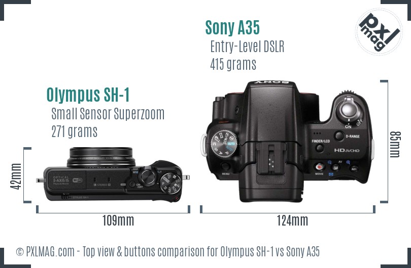 Olympus SH-1 vs Sony A35 top view buttons comparison