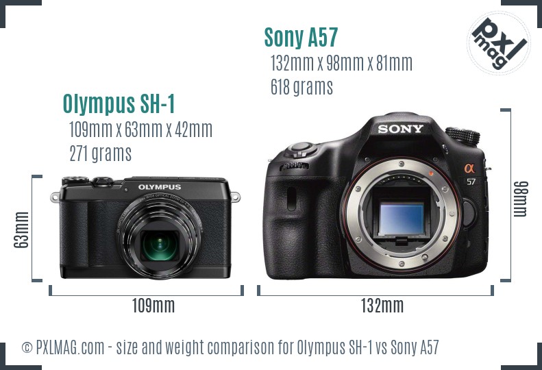 Olympus SH-1 vs Sony A57 size comparison
