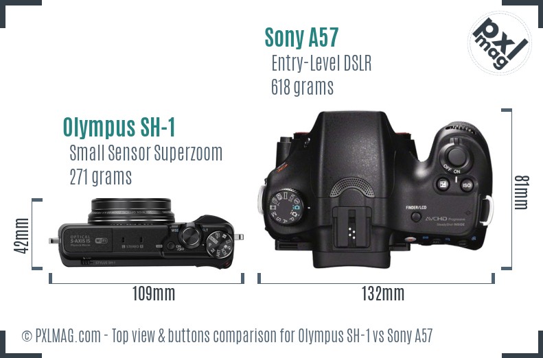Olympus SH-1 vs Sony A57 top view buttons comparison