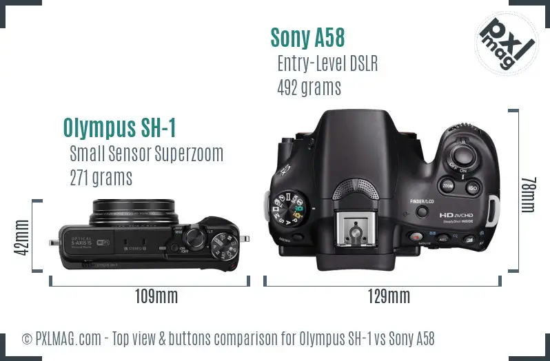 Olympus SH-1 vs Sony A58 top view buttons comparison Olympus SH-1 vs Sony A58 top view buttons comparison
