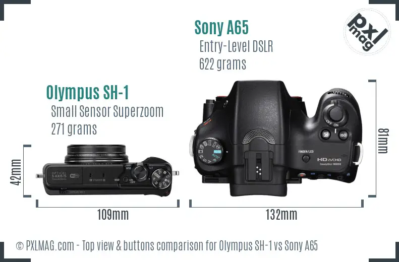 Olympus SH-1 vs Sony A65 top view buttons comparison Olympus SH-1 vs Sony A65 top view buttons comparison