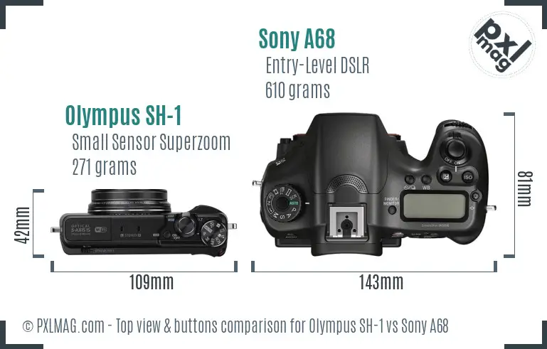 Olympus SH-1 vs Sony A68 top view buttons comparison