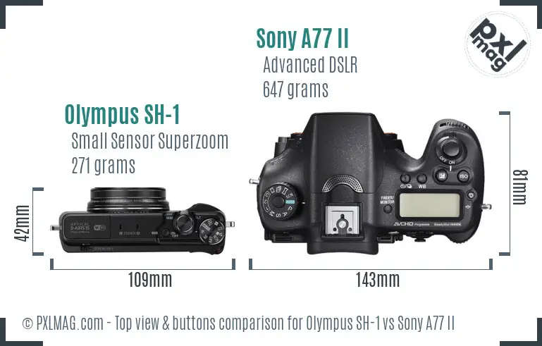 Olympus SH-1 vs Sony A77 II top view buttons comparison