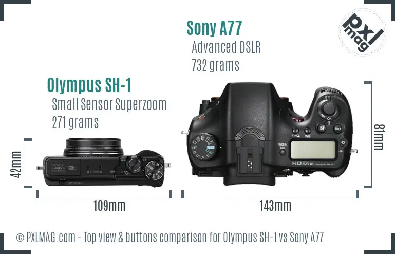 Olympus SH-1 vs Sony A77 top view buttons comparison Olympus SH-1 vs Sony A77 top view buttons comparison