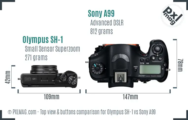 Olympus SH-1 vs Sony A99 top view buttons comparison Olympus SH-1 vs Sony A99 top view buttons comparison