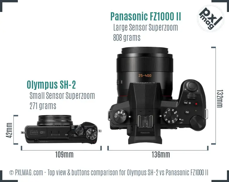 Olympus SH-2 vs Panasonic FZ1000 II top view buttons comparison