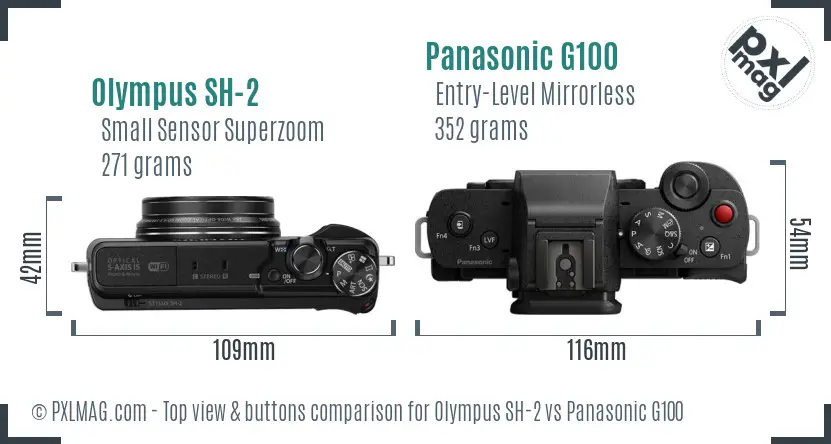 Olympus SH-2 vs Panasonic G100 top view buttons comparison