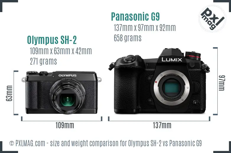 Olympus SH-2 vs Panasonic G9 size comparison
