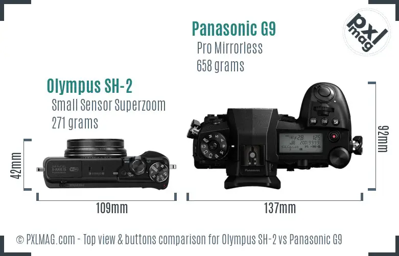 Olympus SH-2 vs Panasonic G9 top view buttons comparison