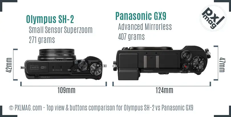 Olympus SH-2 vs Panasonic GX9 top view buttons comparison