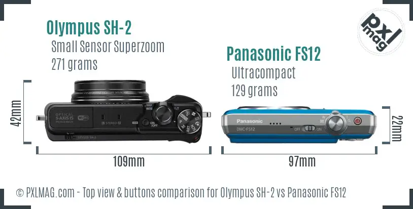 Olympus SH-2 vs Panasonic FS12 top view buttons comparison