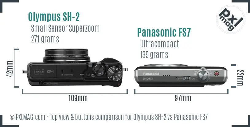 Olympus SH-2 vs Panasonic FS7 top view buttons comparison