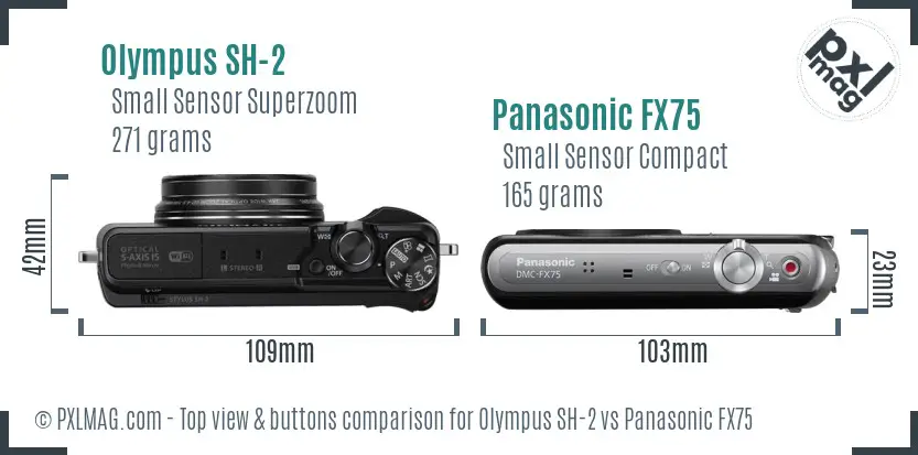 Olympus SH-2 vs Panasonic FX75 top view buttons comparison