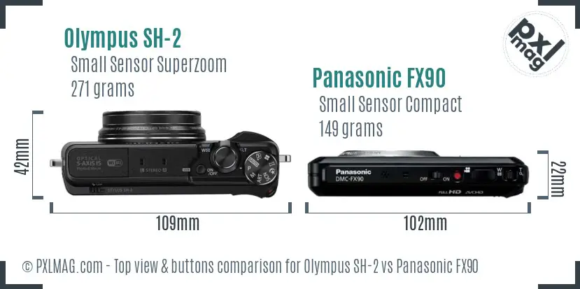 Olympus SH-2 vs Panasonic FX90 top view buttons comparison