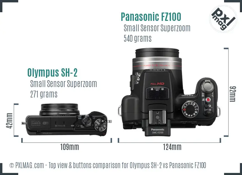 Olympus SH-2 vs Panasonic FZ100 top view buttons comparison
