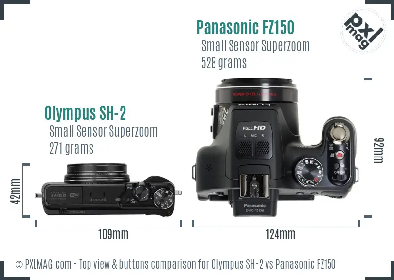 Olympus SH-2 vs Panasonic FZ150 top view buttons comparison