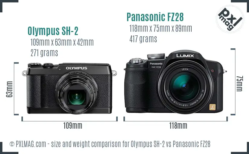 Olympus SH-2 vs Panasonic FZ28 size comparison