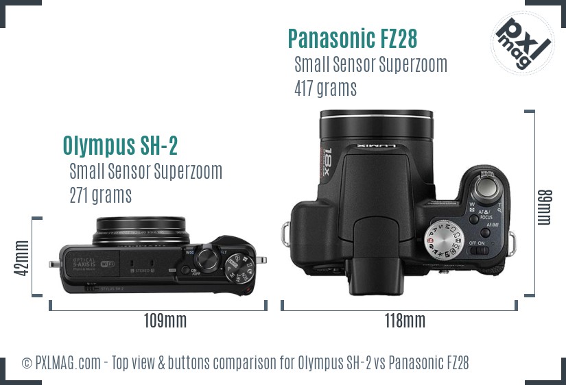 Olympus SH-2 vs Panasonic FZ28 top view buttons comparison