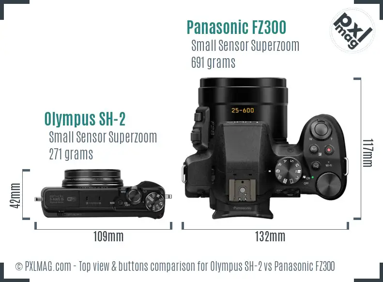 Olympus SH-2 vs Panasonic FZ300 top view buttons comparison