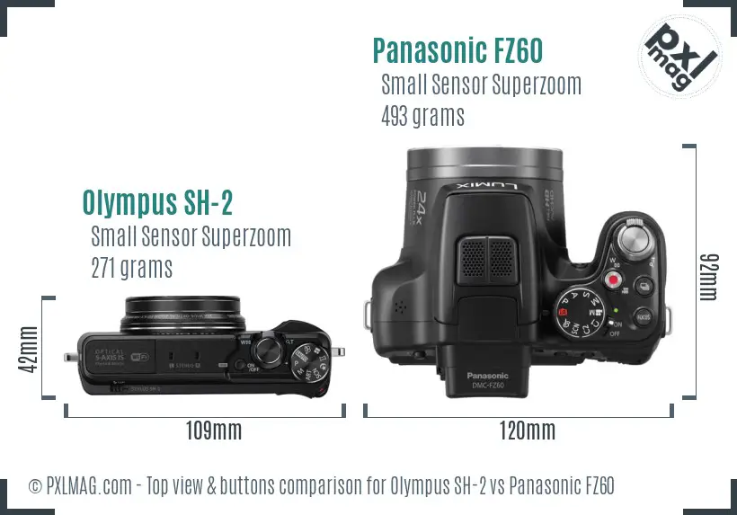 Olympus SH-2 vs Panasonic FZ60 top view buttons comparison