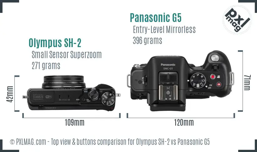 Olympus SH-2 vs Panasonic G5 top view buttons comparison