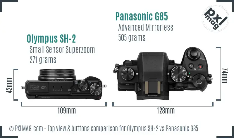 Olympus SH-2 vs Panasonic G85 top view buttons comparison
