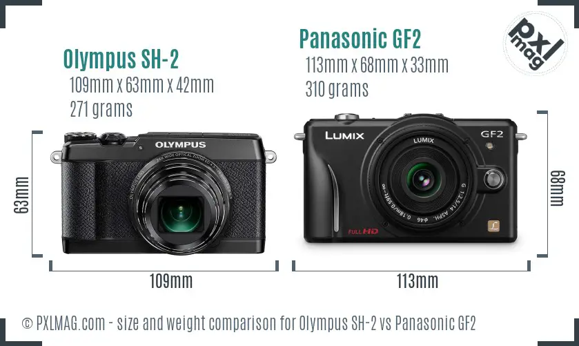 Olympus SH-2 vs Panasonic GF2 size comparison
