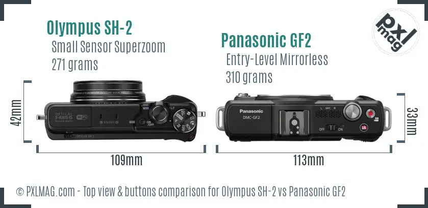 Olympus SH-2 vs Panasonic GF2 top view buttons comparison
