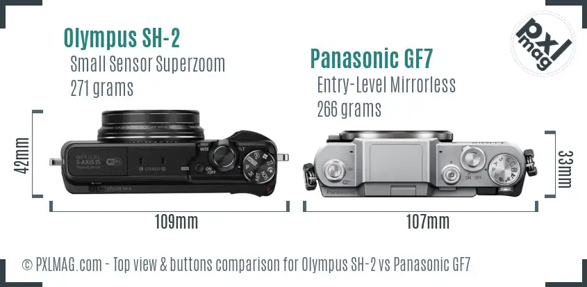Olympus SH-2 vs Panasonic GF7 top view buttons comparison