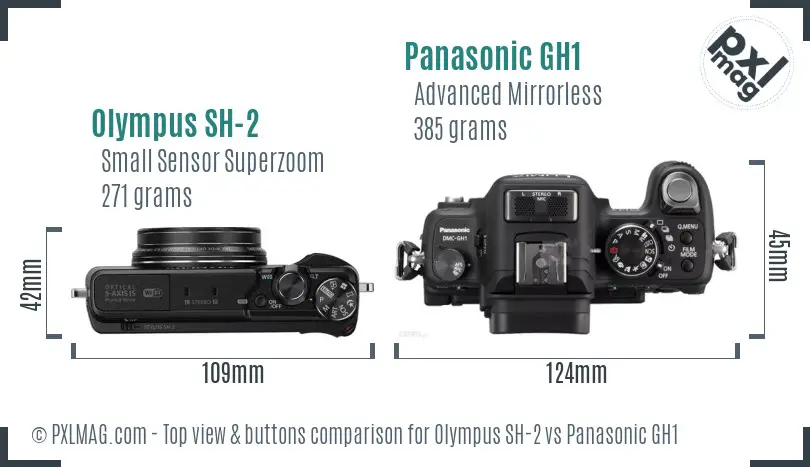 Olympus SH-2 vs Panasonic GH1 top view buttons comparison