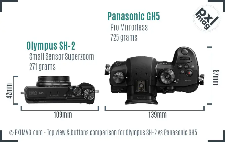 Olympus SH-2 vs Panasonic GH5 top view buttons comparison