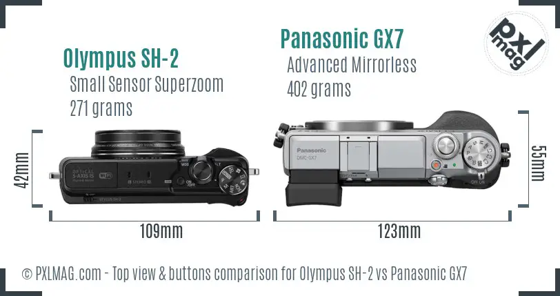 Olympus SH-2 vs Panasonic GX7 top view buttons comparison