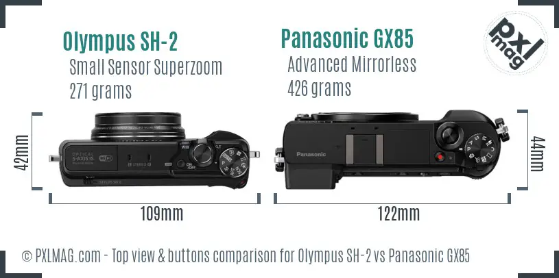 Olympus SH-2 vs Panasonic GX85 top view buttons comparison