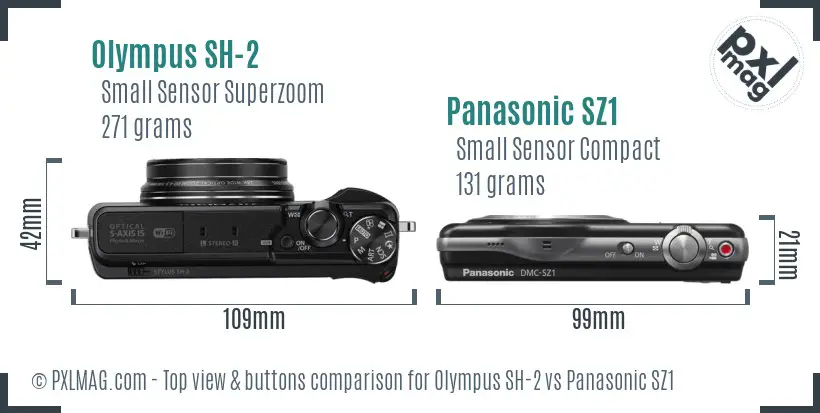 Olympus SH-2 vs Panasonic SZ1 top view buttons comparison