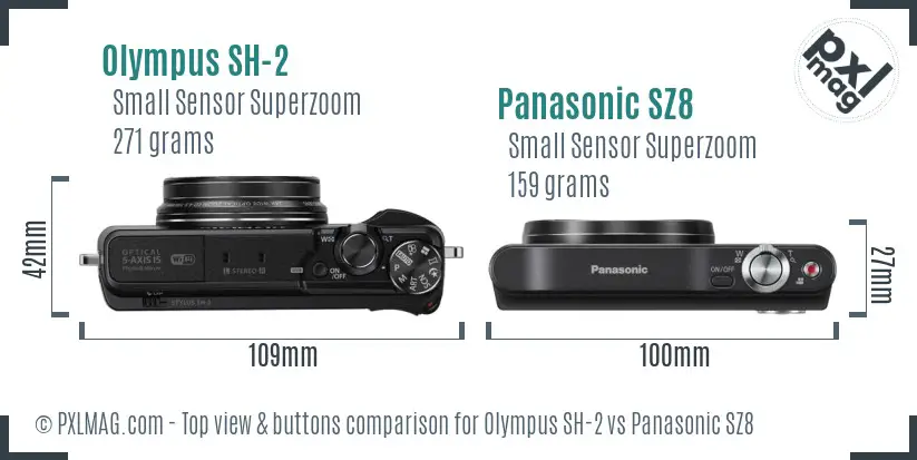 Olympus SH-2 vs Panasonic SZ8 top view buttons comparison