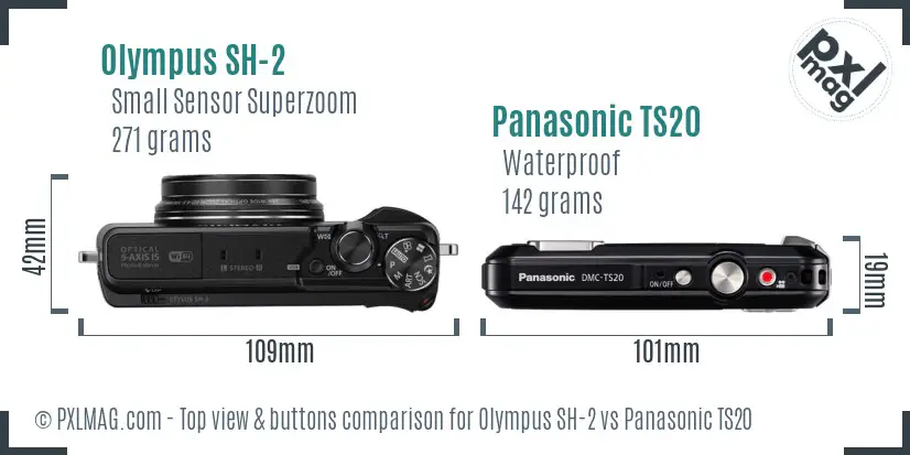 Olympus SH-2 vs Panasonic TS20 top view buttons comparison